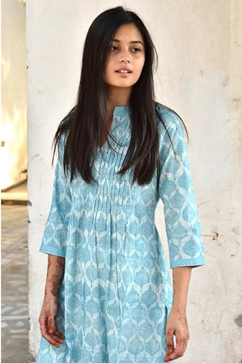 Charchara Print Pintuck Kurta' Blue Block Printed Kurta