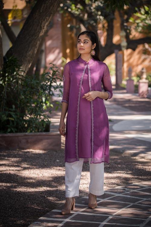 Aahana' Hand Embroidered purple Kotta doriya kurti jacket . 3pc set (kurti with Slip and pant)