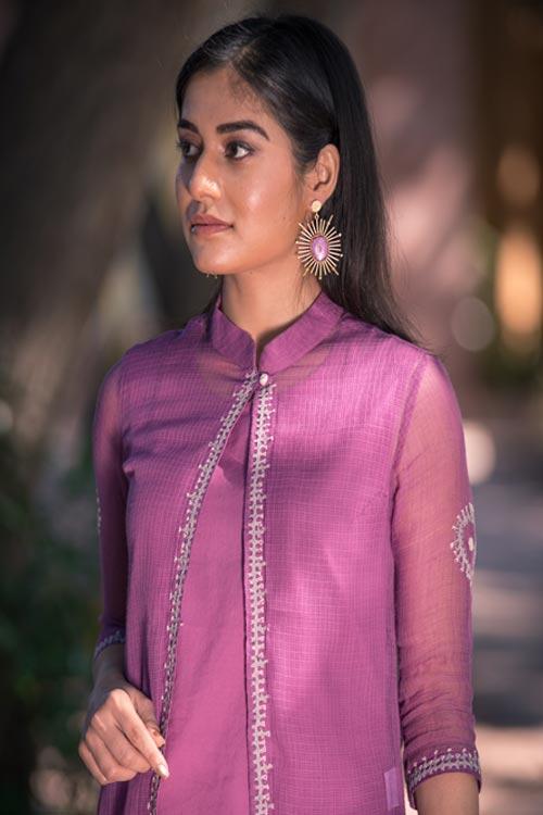 Aahana' Hand Embroidered purple Kotta doriya kurti jacket . 3pc set (kurti with Slip and pant)