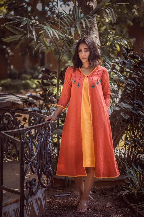 Anmol'Hand Embroidered Orange Kotta doriya dress . 2pc set (Jacket and Slip)