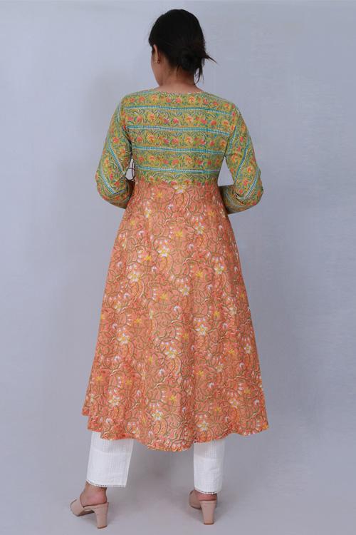 Kali Kurta' Green and orange Block Printed Kurta