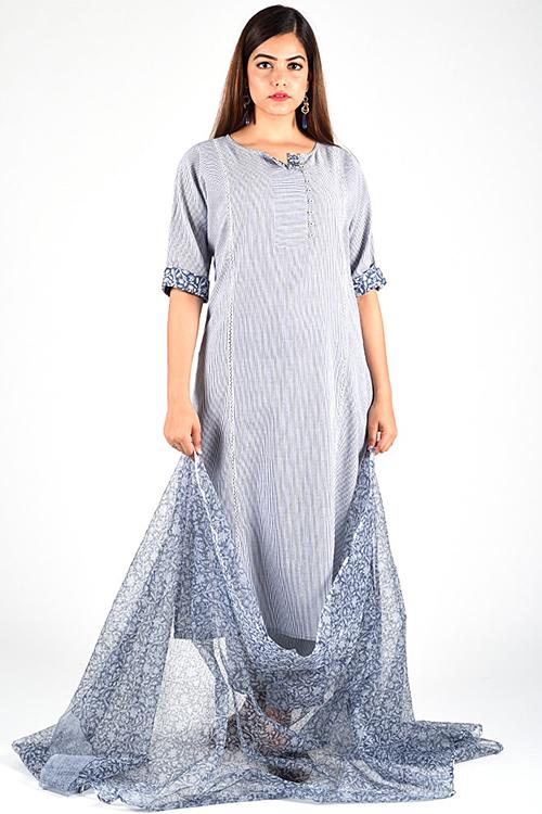 Charcoal Stripe Re Sana Kurta' Grey Woven Printed Kurta