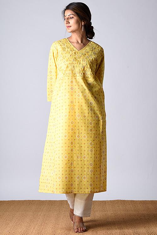 "Heera Kurta" Yellow Block Printed Kurta