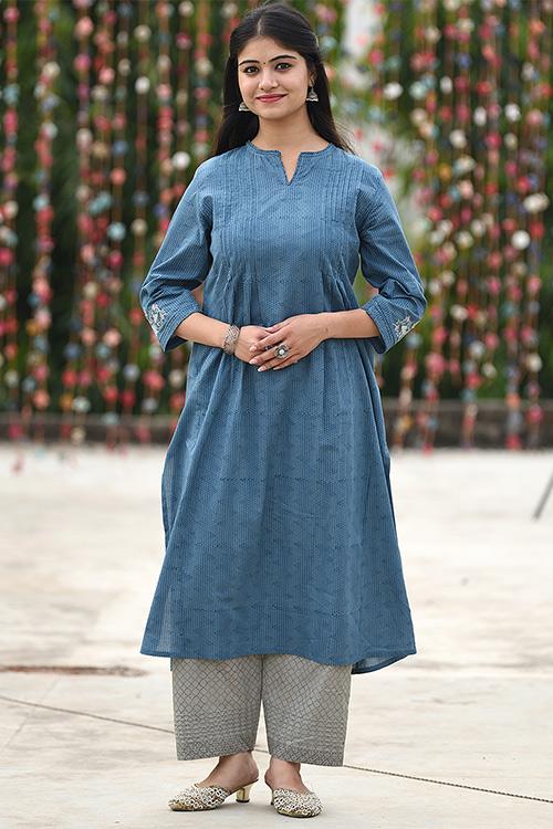 Embroidered Kalidar Kurta' Blue Block printed Kurta