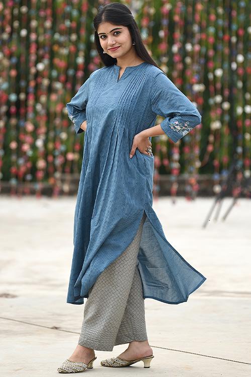 Embroidered Kalidar Kurta' Blue Block printed Kurta