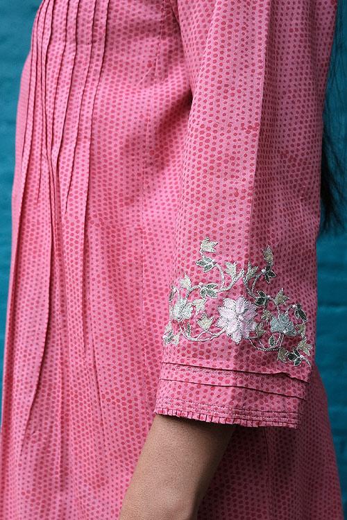 Embroidered Kalidar Kurta' Pink Block printed Kurta