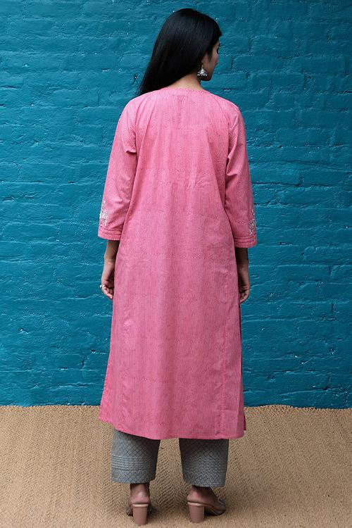 Embroidered Kalidar Kurta' Pink Block printed Kurta