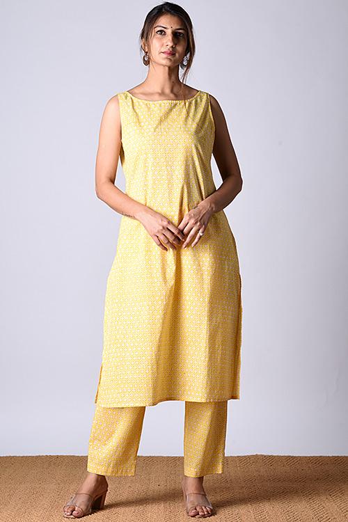 "Tarana Kurta" Yellow Block Printed Kurta and Pant Set