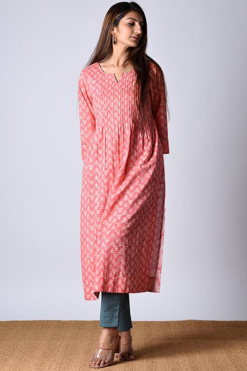 "Moonga Kurta" Peach Block Printed Kurta
