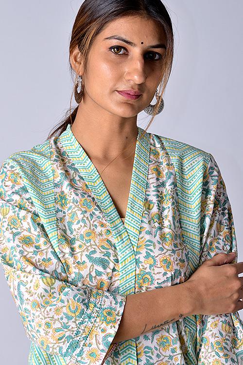 "Suhaani Kurta" Green Block Printed Kurta