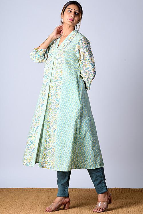 "Suhaani Kurta" Green Block Printed Kurta