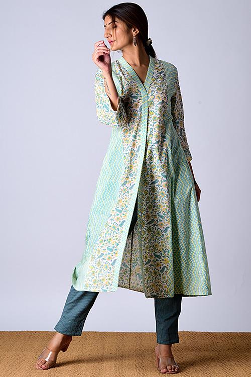 "Suhaani Kurta" Green Block Printed Kurta