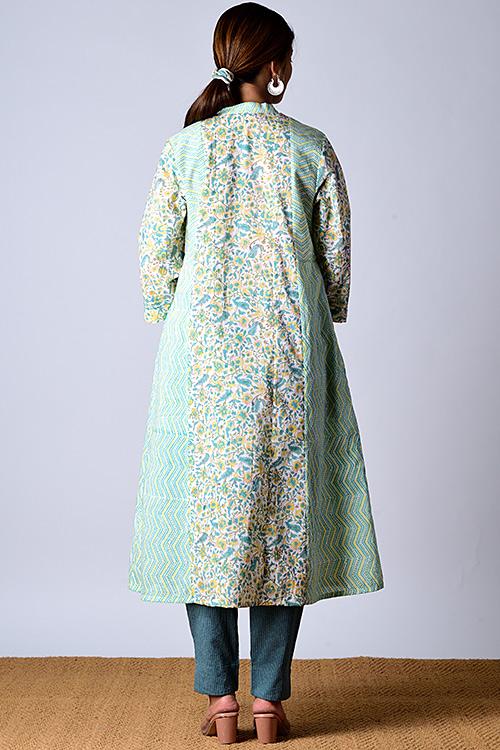 "Suhaani Kurta" Green Block Printed Kurta