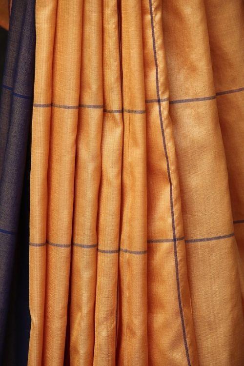 Ochre Pure Silk Sari with Colour Blocking