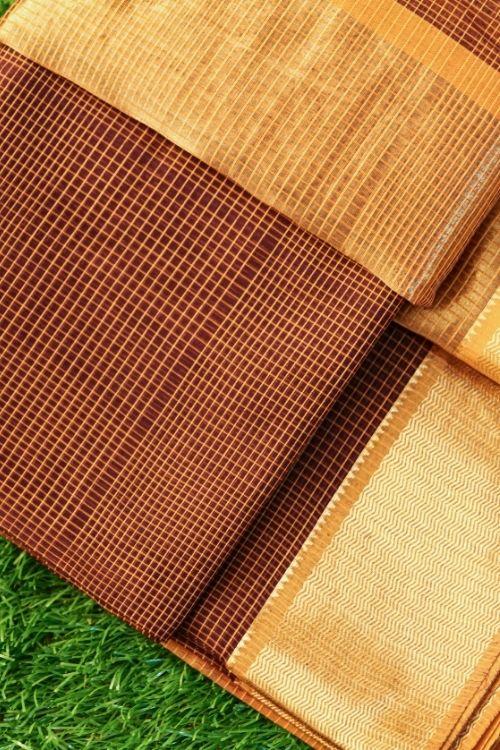 Chocolate Brown & Ochre Maheshwari Sari