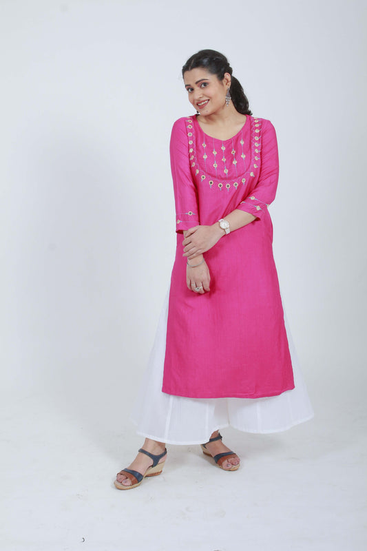 Dariya Hand Embroidered Pink cotton silk kurta