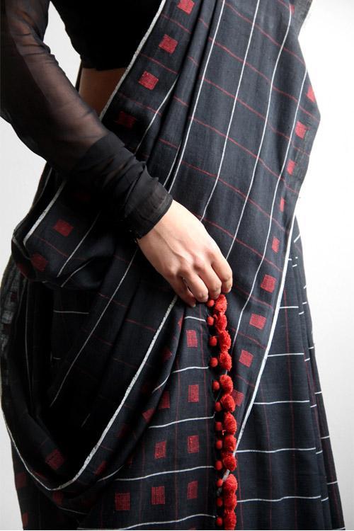 Black Handwoven Cotton sari with Red Square Buti