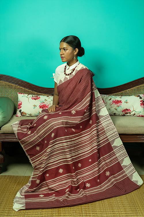 Kotpad' Tribal Odisha Handloom Cotton Maroon with Offwhite Saree
