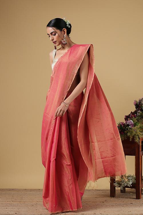 Handweave Maheshwari Handloom Full Tissue Saree Col- Dusty Pink, Blouse Colour -Rani