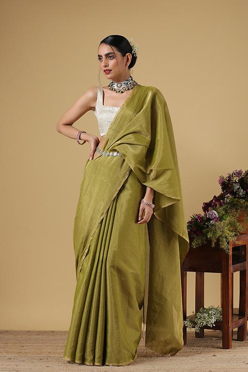 Handweave Maheshwari Handloom Full Tissue Saree Col- Light Green , Blouse Colour - Green