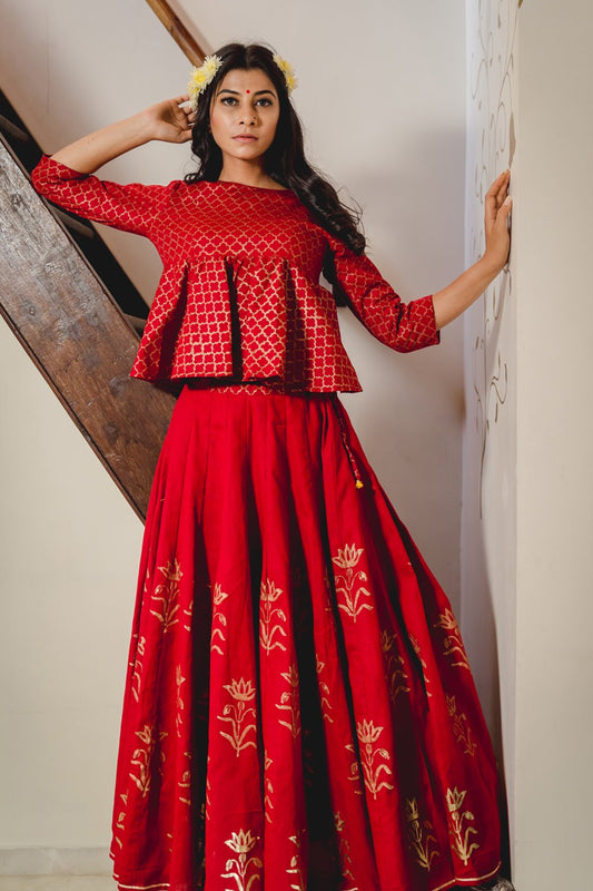 Red Cotton Moghul Blouse & Lehenga (Set of 2)
