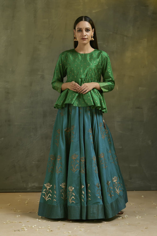 Gulnazm Printed Peplum Blouse & Lehenga (Set of 2)