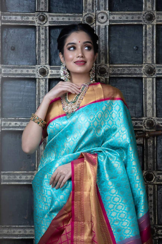 Valiba Skyblue-Red Beautiful Rich Pallu And Jacquard Saree