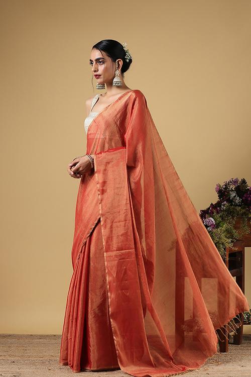Handweave Maheshwari Handloom Full Tissue Saree Col- Red, Blouse Colour- Red
