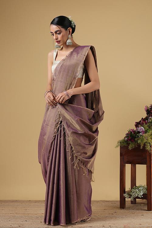 Handweave Maheshwari Handloom Full Tissue Saree Col-Voilet , Blouse Colour - Voilet.