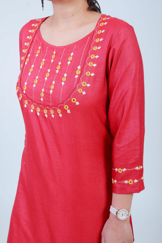 Mohini' Hand Embroidered Red cotton silk kurta
