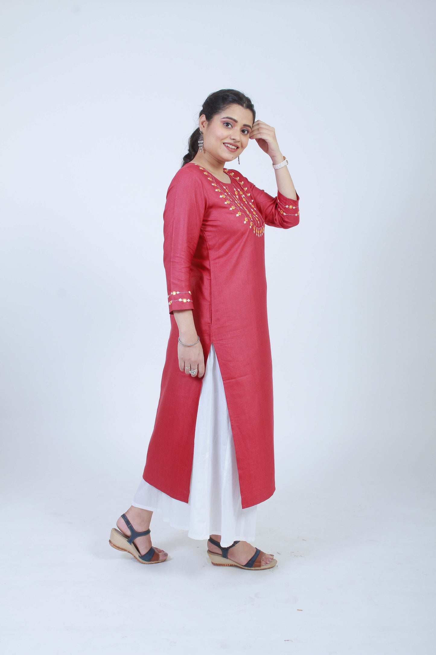 Mohini' Hand Embroidered Red cotton silk kurta