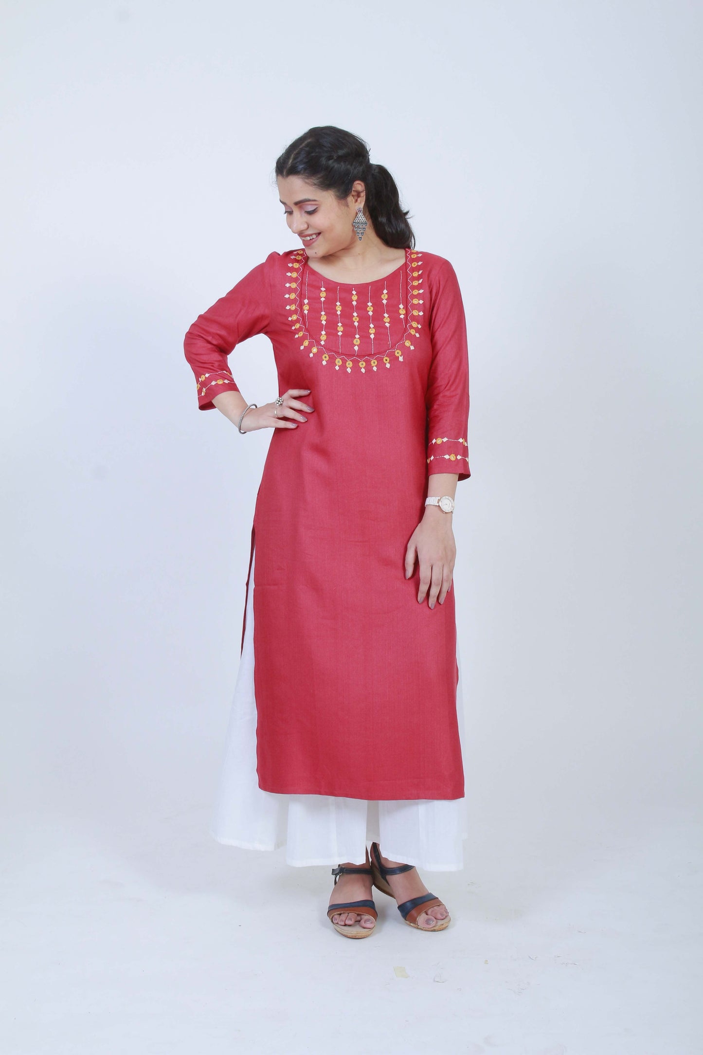 Mohini' Hand Embroidered Red cotton silk kurta