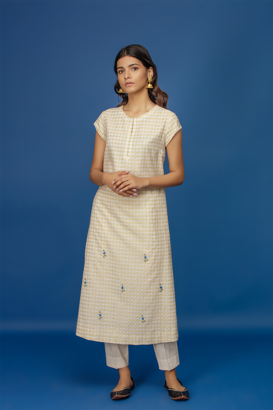 Embroidered Kurta With Cape & Straight Pants. Ivory