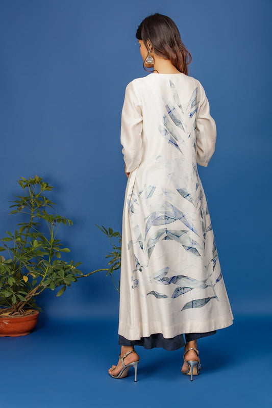 Leaf Printed Angrakha Kurta With Full Back & Front Print. Ivory