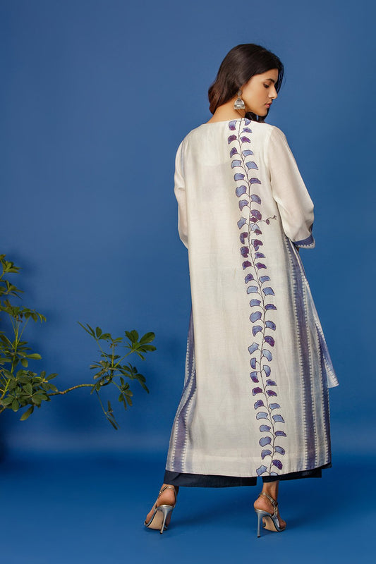 Leaf & Stripe Printed Kurta With Fabric Buttons. Ivory