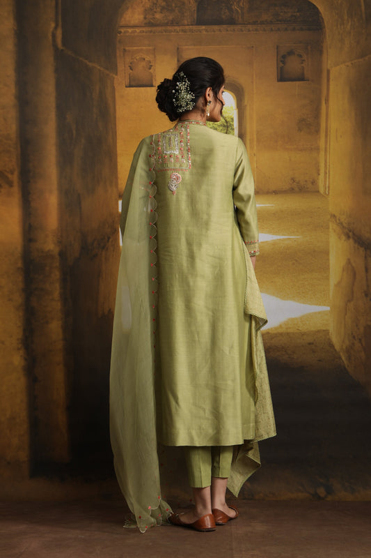 Miniature Painting Inspired Embroidered Kurta Set (MP-01/OLIVE)