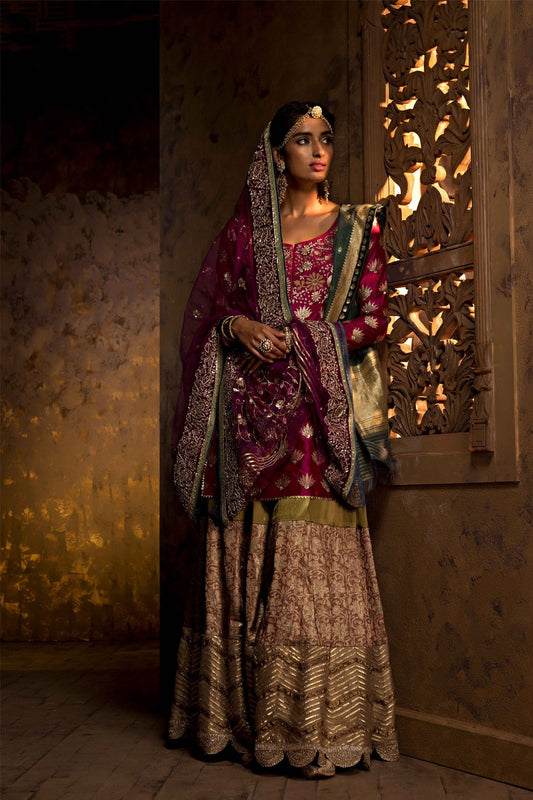 Rich Woven Zardozi Kurta, Sharara & 2 Dupatta Set