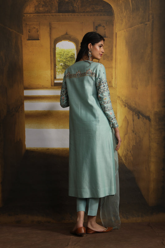 Floral Booti Embroidered Drape Kurta With Straight Pant (MP-04/Aqua)
