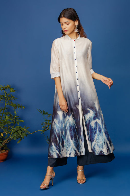 Floral Printed Contrast Colour Front Buttoned Kurta. Ivory
