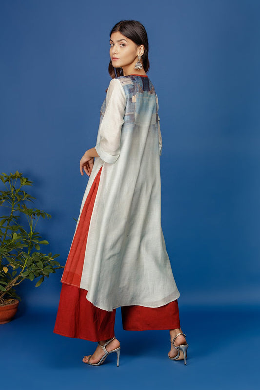 Floral & Abstract Printed Kurta With Trim On Neck Line. Ivory