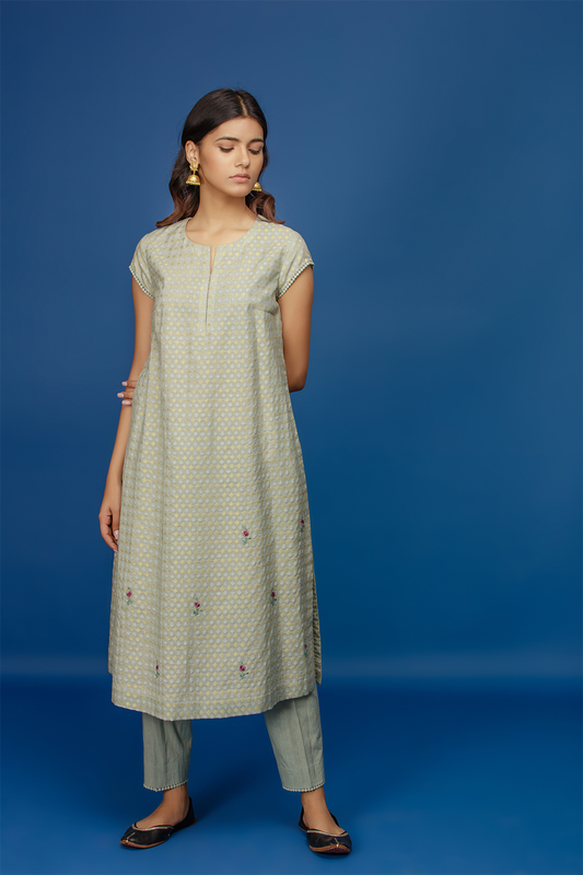 Embroidered Kurta With Cape & Straight Pants. Aqua
