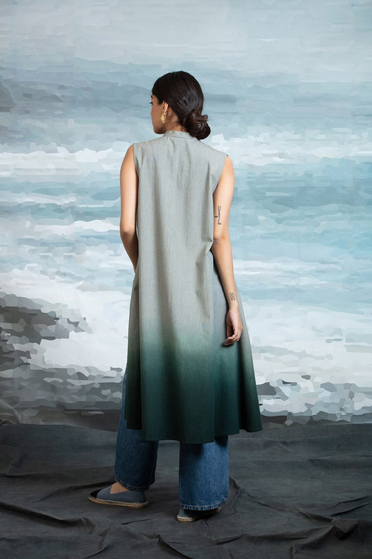 Front Open Cape In Shaded Teal Green.