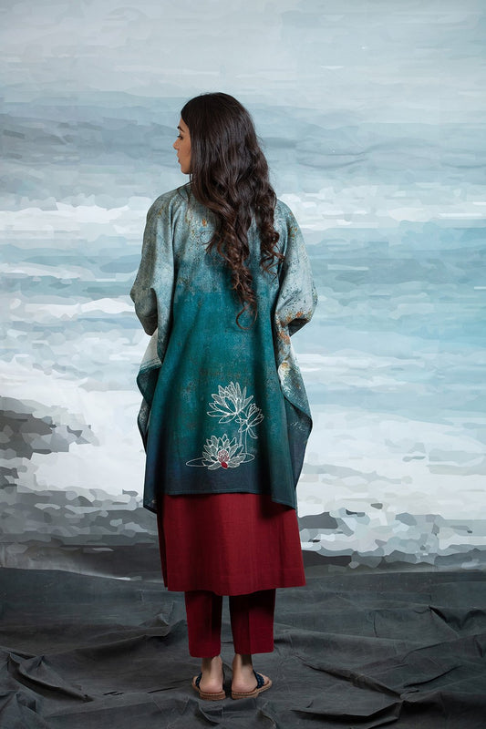 Teal Green Cape With Maroon Tunic-pant Set
