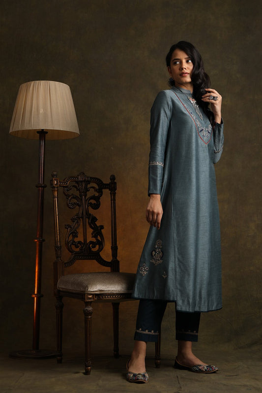 Smokey Blue Elegant Embroidered Kurta With Straight Pants (YMN-02)