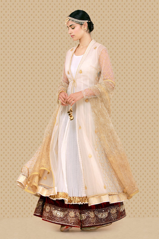 Graceful Cutwork Jacket, Crinkled Kurta, Izhaar & Dupatta Set