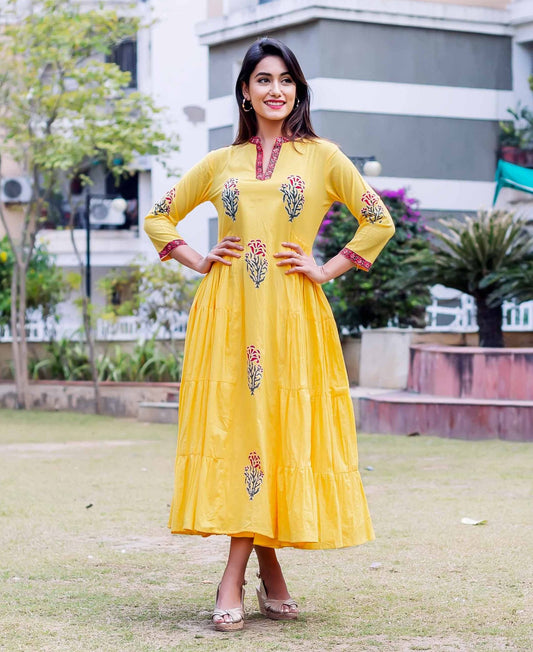 Yellow Placement Printed Tiered Dress