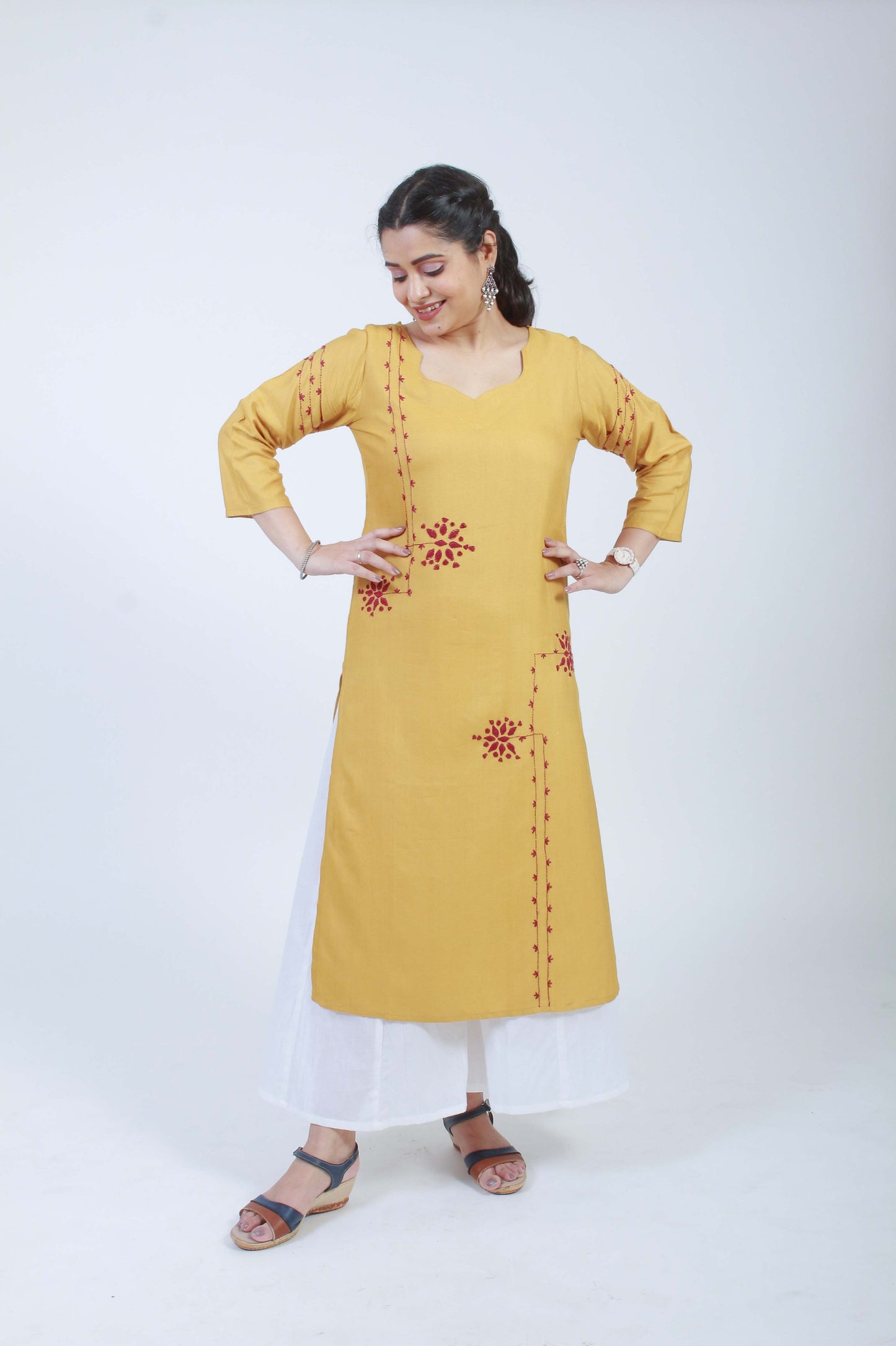 Barkat' Ochre Hand Embroidered cotton Silk Kurta