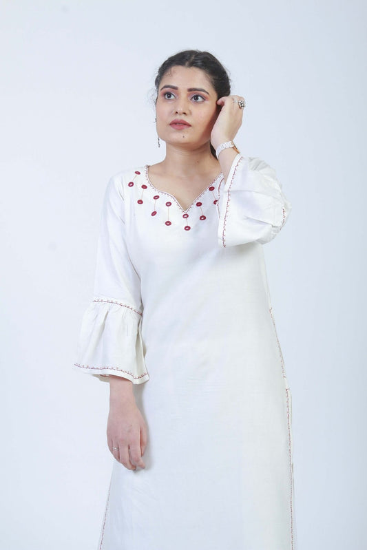 Bella' Hand Embroidered white cotton silk kurta