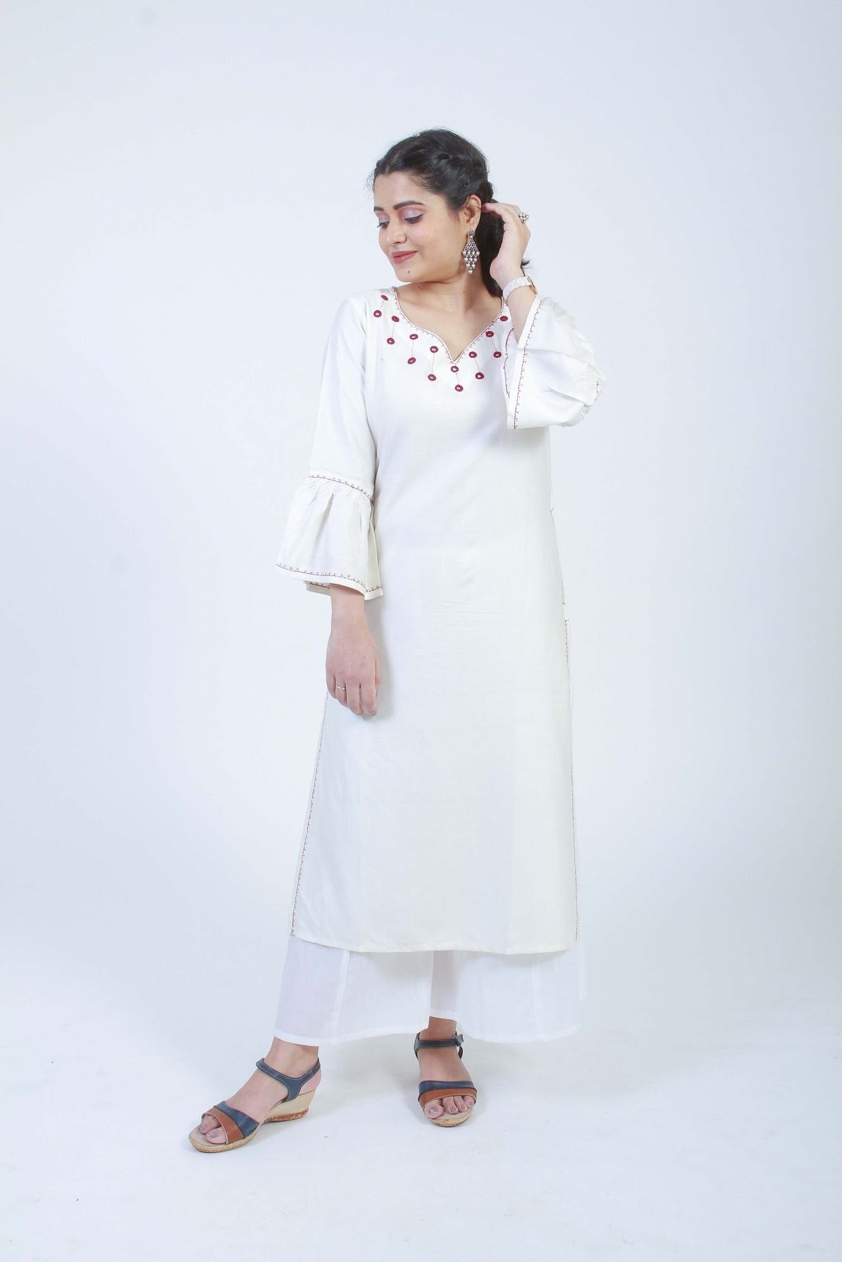 Bella' Hand Embroidered white cotton silk kurta