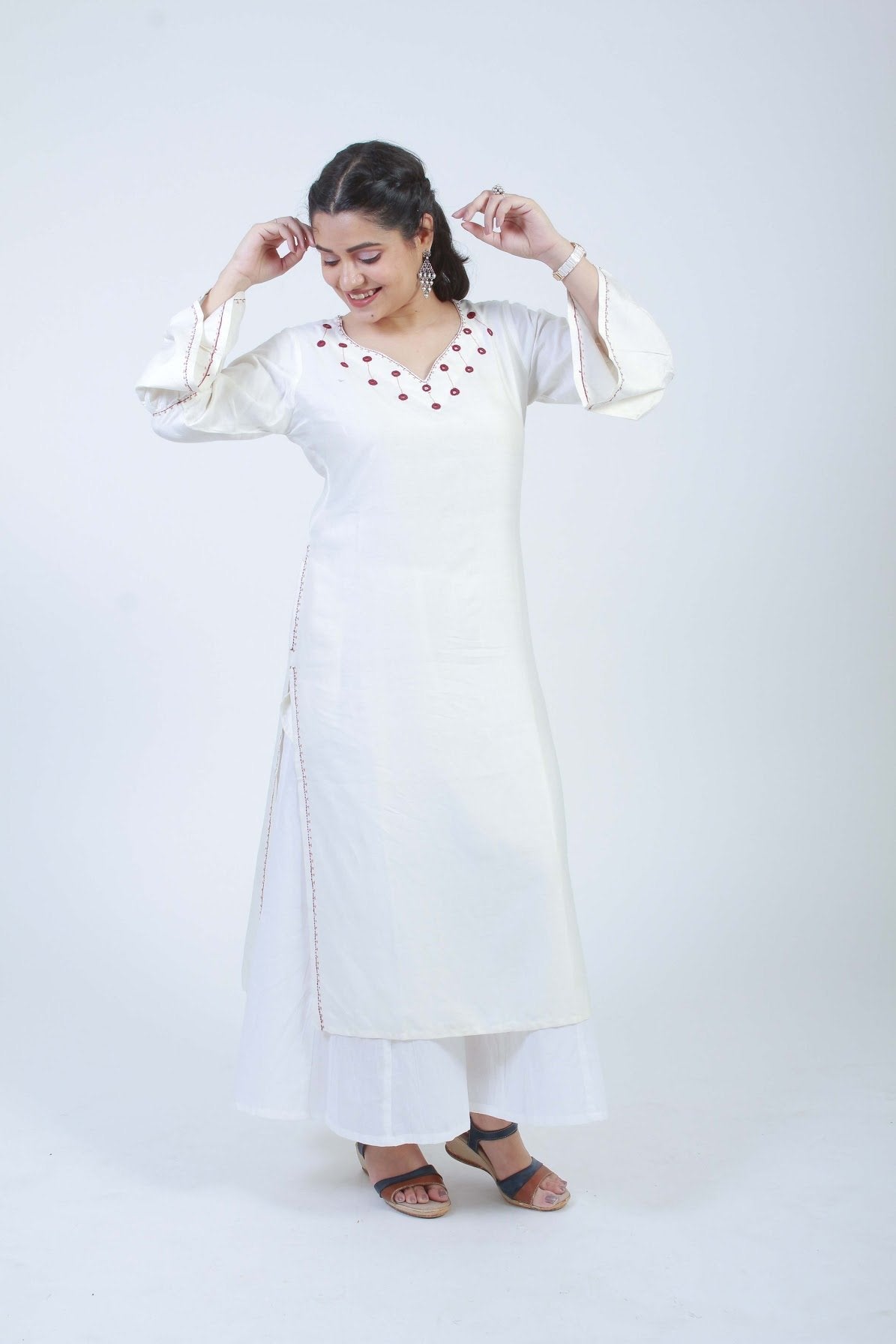Bella' Hand Embroidered white cotton silk kurta